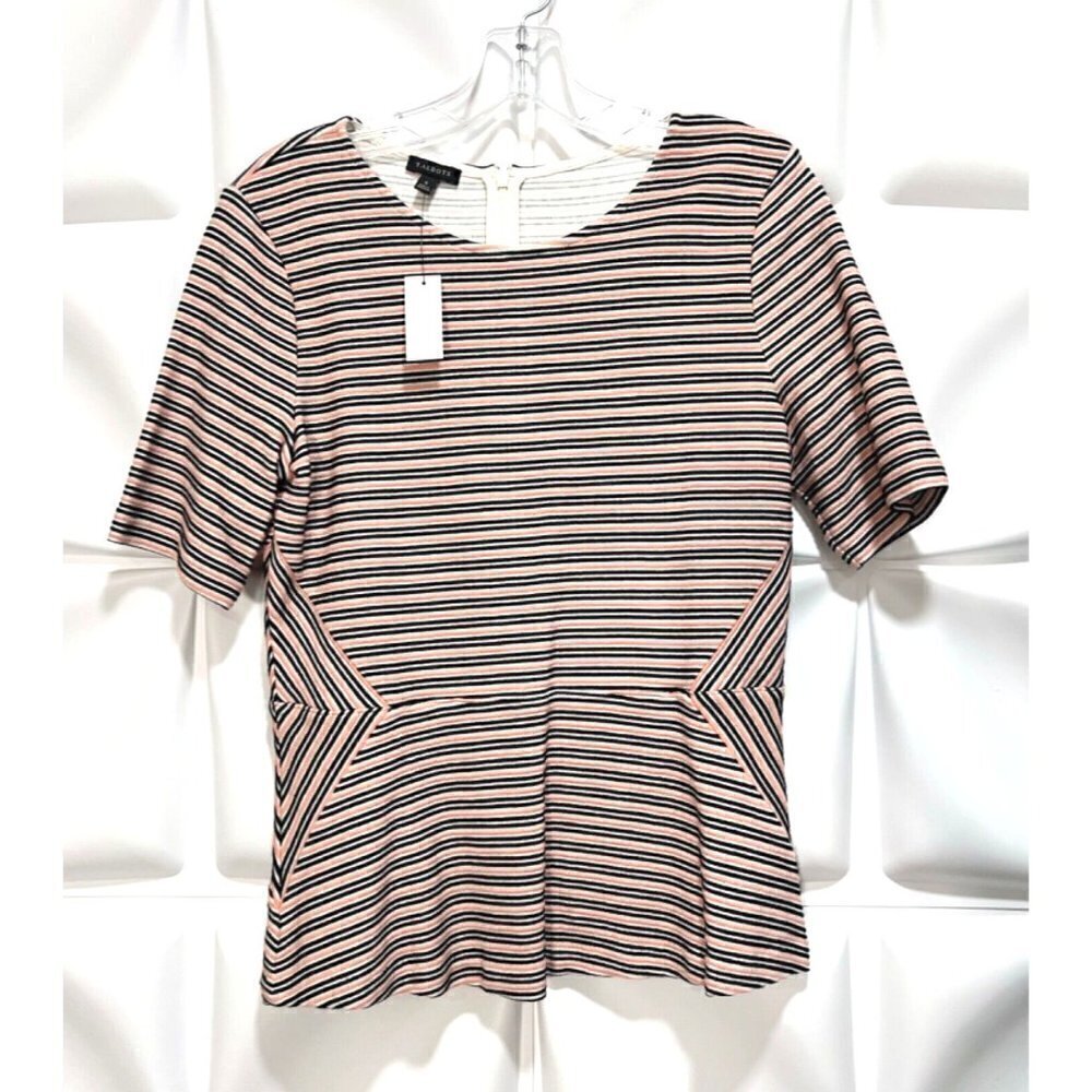 Talbots Sz S Textured Coral Pink Black White Striped Knit Peplum Top NWT NEW